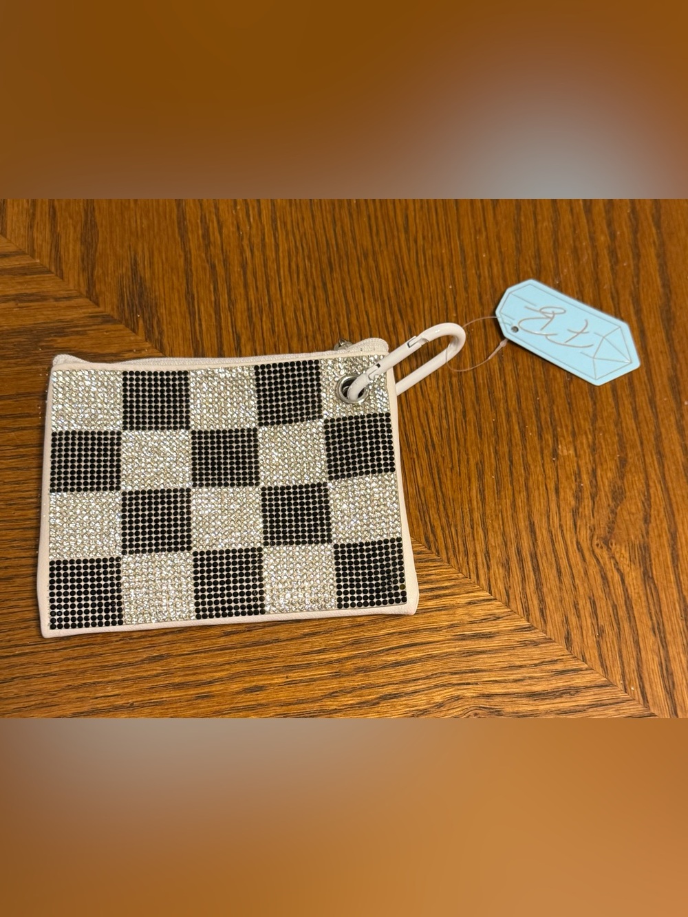 Rhinestone Checkered Card Holder Coin Purse Keychain Wallet Y2K Glam NWT - Picture 2 of 4